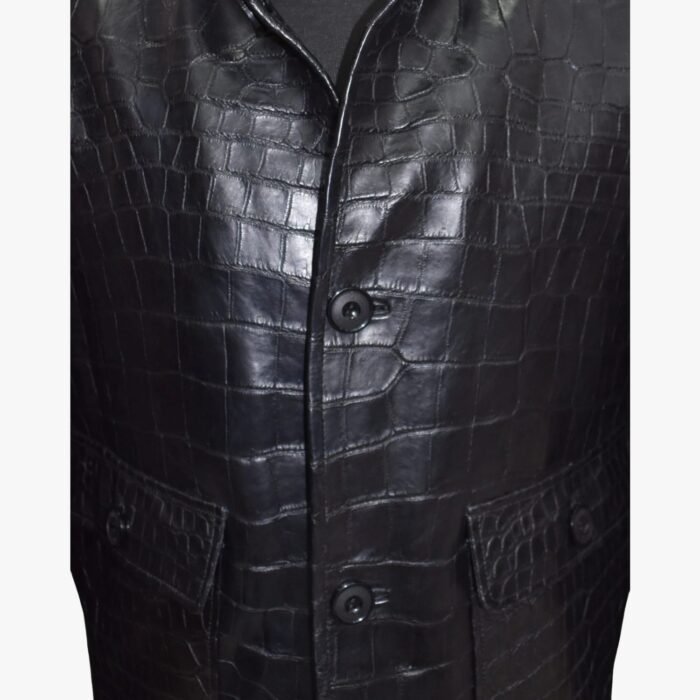 Men Genuine Black Lambskin Crocodile Print Bomber Style Leather Jacket With Zipper & Pocket - Image 3