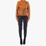 Genuine Lambskin Tan Leather Jacket With Belt Zipper & Pocket Slim Fit Classy Leather Jacket For Women - Image 3