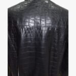 Men Genuine Black Lambskin Crocodile Print Bomber Style Leather Jacket With Zipper & Pocket - Image 4