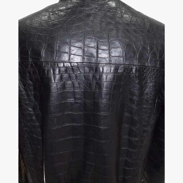 Men Genuine Black Lambskin Crocodile Print Bomber Style Leather Jacket With Zipper & Pocket - Image 4