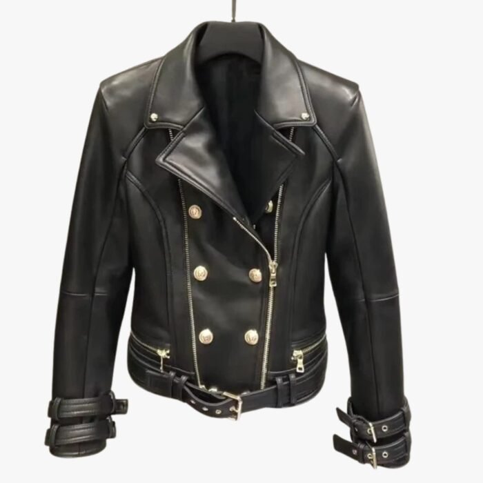 Handmade Women Black Lambskin Motorcycle Biker Leather Jacket With Stylish Button Designer Jacket - Image 1