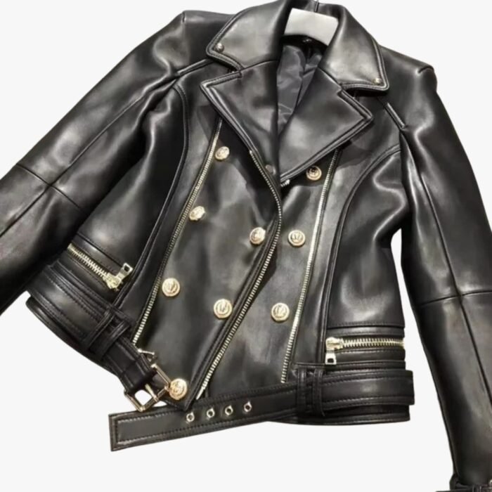 Handmade Women Black Lambskin Motorcycle Biker Leather Jacket With Stylish Button Designer Jacket - Image 2