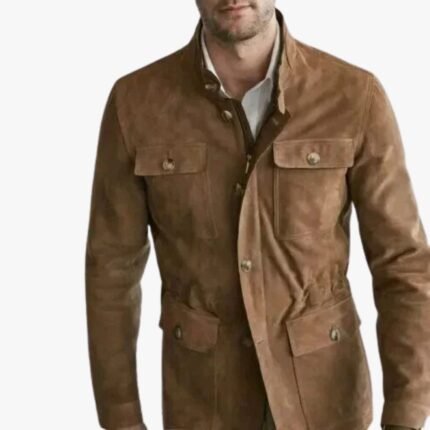 Men Lambskin Tan Suede Leather Jacket Cowboy Style Four Pocket Classy Jacket