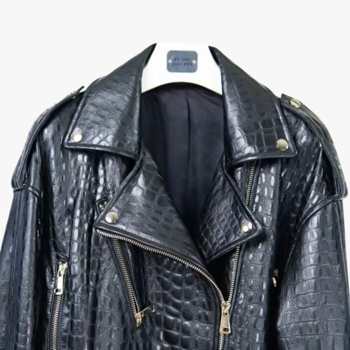 Genuine Black Lambskin Crocodile Print Motorcycle Biker Style Leather Jacket For Men - Image 1