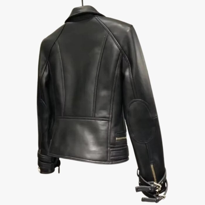 Handmade Women Black Lambskin Motorcycle Biker Leather Jacket With Stylish Button Designer Jacket - Image 3