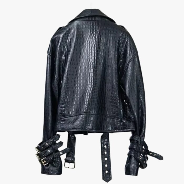Genuine Black Lambskin Crocodile Print Motorcycle Biker Style Leather Jacket For Men - Image 2