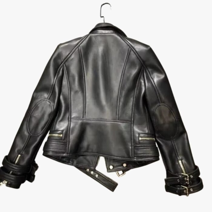 Handmade Women Black Lambskin Motorcycle Biker Leather Jacket With Stylish Button Designer Jacket - Image 4