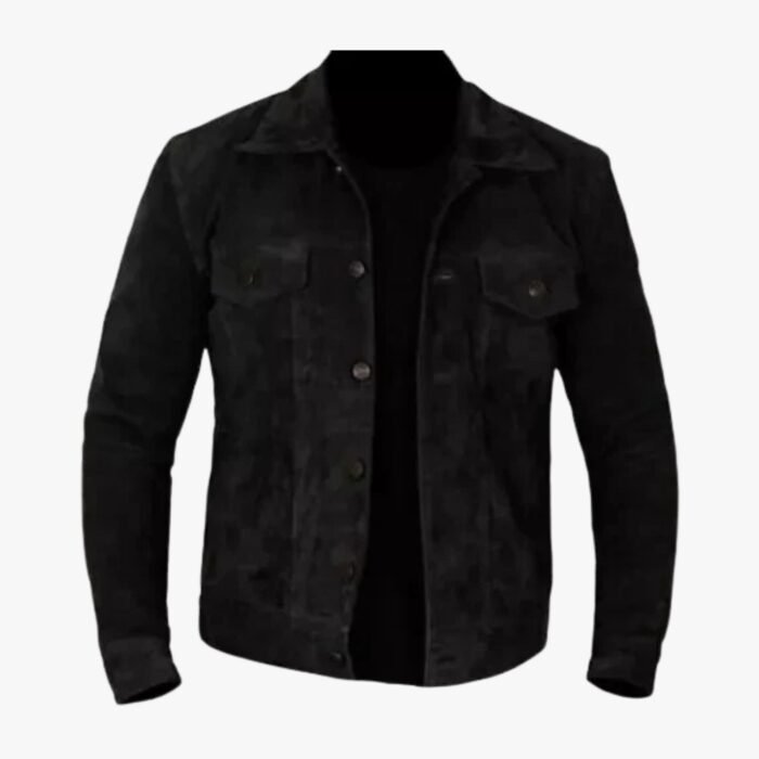 Handmade Men Black Suede Trucker Leather Shirt Denim Style Jacket Cowboy Biker Jacket - Image 1