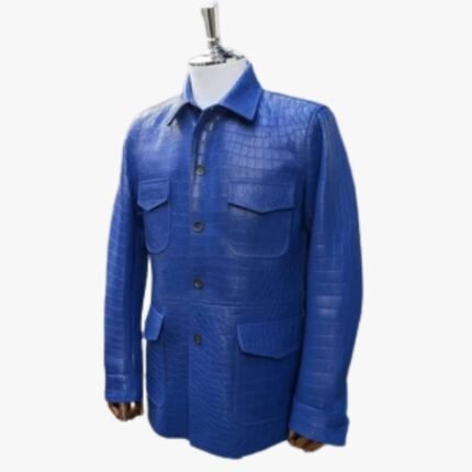 Men Genuine Lambskin Crocodile Print Four Pocket Leather Blazer Coat With Button