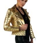 LE CRAZE Women's Gold Metallic Quilted Leather Biker Jacket