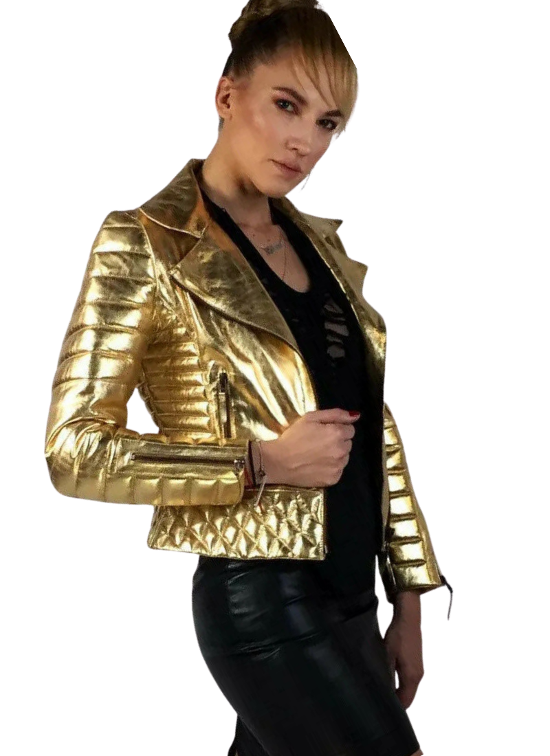 Untitled design (22) LE CRAZE Women's Gold Metallic Quilted Leather Biker Jacket - Image 1
