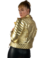 LE CRAZE Women's Gold Metallic Quilted Leather Biker Jacket - Image 2