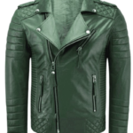 LE CRAZE Men's Forest Green Quilted Leather Biker Jacket