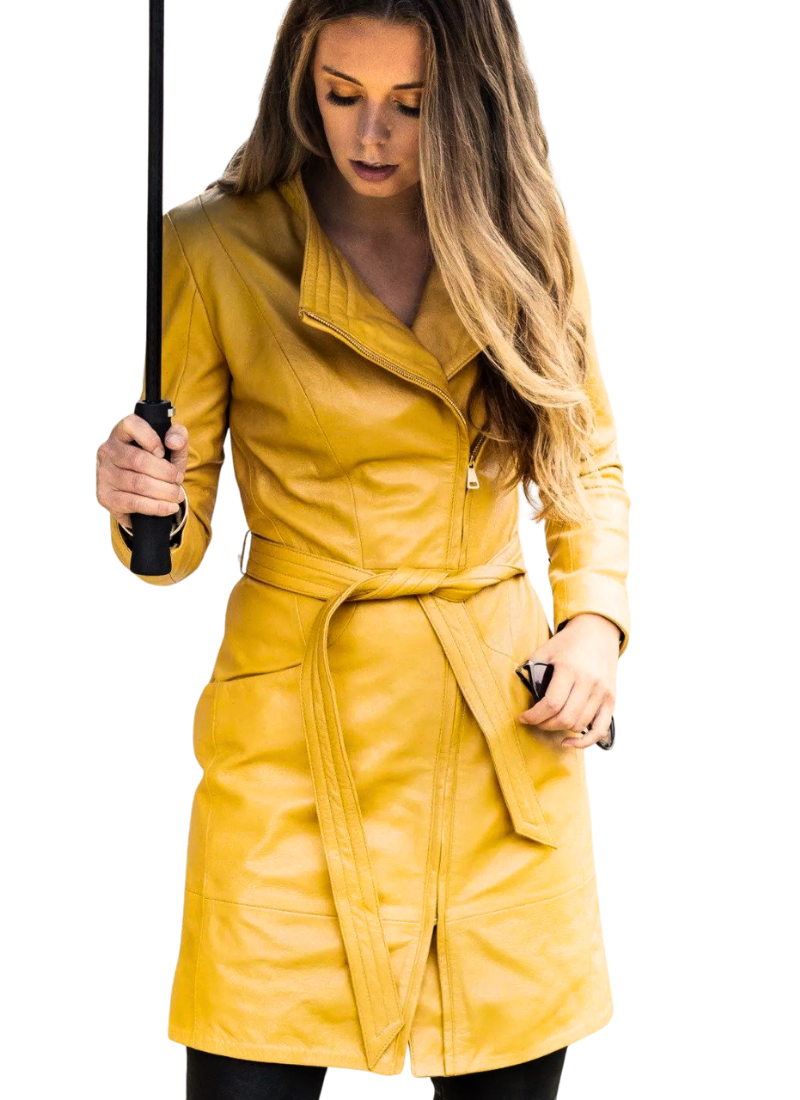 Untitled design (66) Genuine Yellow Women Stylish Leather Trench Coat - Image 1