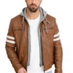 Handmade Slim Fit Tan Leather Jacket with Hooded Jacket