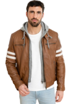 Handmade Slim Fit Tan Leather Jacket with Hooded Jacket