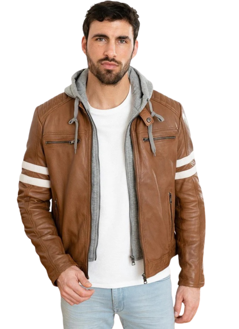 Untitled design (64) Handmade Slim Fit Tan Leather Jacket with Hooded Jacket - Image 1