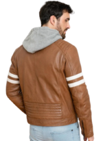 Handmade Slim Fit Tan Leather Jacket with Hooded Jacket - Image 2