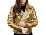 Leather Gold Biker Jacket - Women's Cropped Motorcycle Jacket