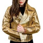 Leather Gold Biker Jacket - Women's Cropped Motorcycle Jacket