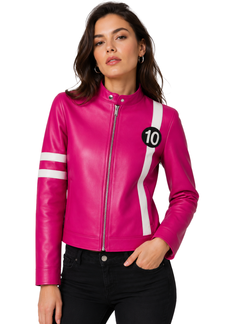 Untitled design (57) LE CRAZE Women's Hot Pink Racing Style Leather Jacket - Image 1