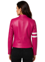 LE CRAZE Women's Hot Pink Racing Style Leather Jacket - Image 2