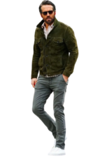 Mens Leather Jacket in Olive Green Suede, Trucker Shirt Style with Button Front - Image 3