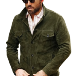 Mens Leather Jacket in Olive Green Suede, Trucker Shirt Style with Button Front