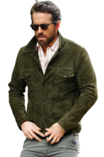 Mens Leather Jacket in Olive Green Suede, Trucker Shirt Style with Button Front