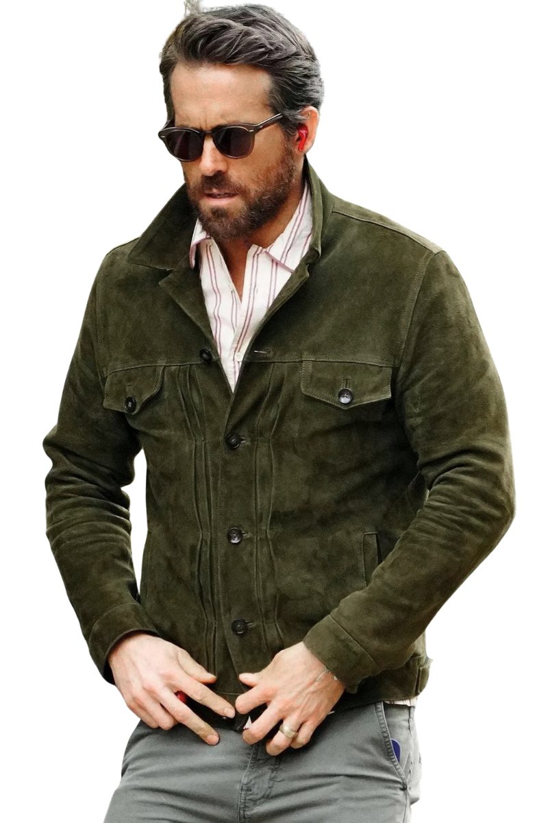 3 Mens Leather Jacket in Olive Green Suede, Trucker Shirt Style with Button Front - Image 1