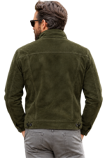 Mens Leather Jacket in Olive Green Suede, Trucker Shirt Style with Button Front - Image 2